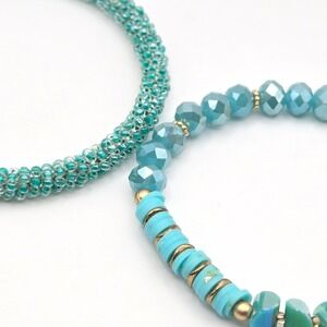 Boho Beaded Bracelet Set One Bangle One‎ Stretch Turquoise Blue Gold Accents